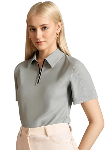 Image of Mack Jonney Ribbed |Regular Fit | Half Sleeves 100% Cotton Polo Neck Self Design with Zip T-Shirt for Women-M950