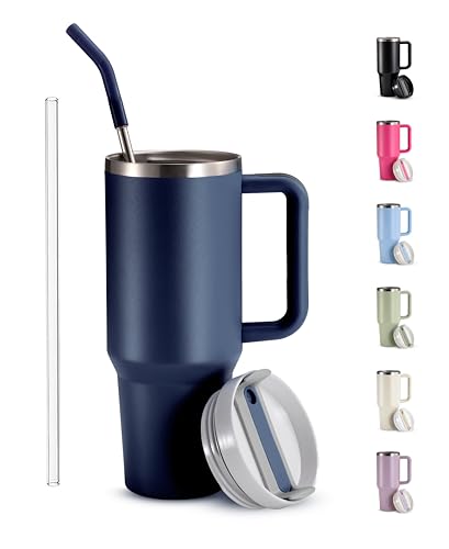 Image of KooK Tumbler with Straw and Handle, 40 Oz, Stainless Steel, Vacuum Insulated Travel Coffee Mug, Reusable Double Walled Water Bottle, Keeps Hot or Cold (Storm Blue)