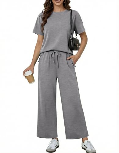 PINSPARK 2 Piece Sets for Women Soft Short Sleeve Matching Lounge Set Wide Leg Pants Tracksuit Travel Summer Outfits 2025