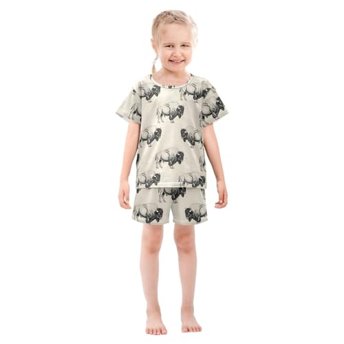 Pajama Short Sets Bison Pattern Print on Cream Soft Cotton Summer Sleepwear 2 Piece PJS Size 5-14T4