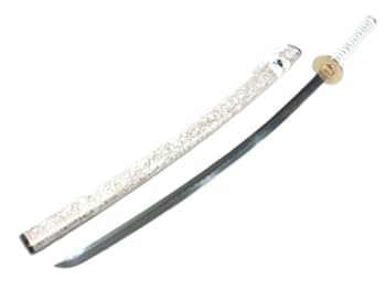 高級模造刀　白金拵え　太刀　本格模造刀 高級模造刀 樋有刀身 白拵え 居合刀 太刀 本格模造刀 紋様入り鞘