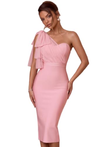 Image of houstil Women's One Shoulder Cocktail Bandage Dress Midi Party Mesh Bow Bodycon Wedding Guest Dresses