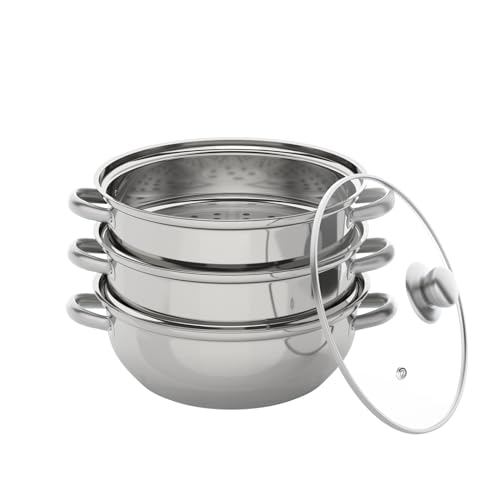 3 Etagen Kochtopf Set - Edelstahl Dampfgarer Topf mit Verdicktem Boden & Glasdeckel - 28cm Dampftopf für Effizientes Dämpfen - Dampfkocher Dampfkochtopf für Induktionsherd Gasherd
