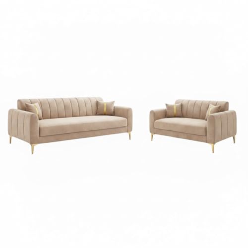 Image of Hermione Luxe Velvet-Suede Fabric 3 Seater + 2 Seater Sofa Set | Golden Legs | Comfortable & Spacious Seating | Modern Sofa Set for Living Room - Beige