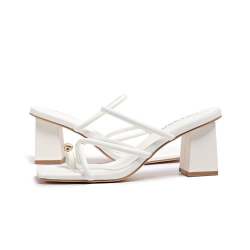 Image of Strappy Heels For Women Low Chunky Block Heel Heeled Sandals Square Open Toe Slip On Slides Flip Flops Mules