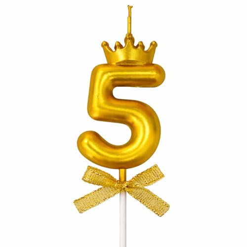Image of Rozi Decoration Number 5 Birthday Candle for Cake with Crown Design | Gold Metallic Number Candle with Stick | Fifth Birthday Cake Topper for Baby, Kids and Party Celebration