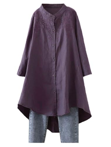 Minibee Blusa Tipo túnica Bordada de Lino y algodón para Mujer, Manga 3/4 con Cierre de botón - Morado - Medium