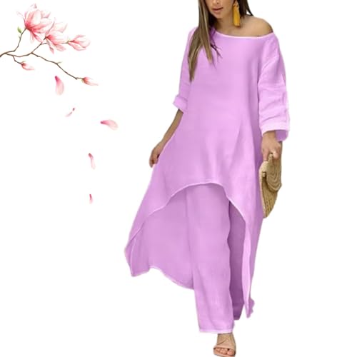 Thoughtaidea Women's Solid Color Linen Fashionable Casual Suit, Elegant Cotton Linen Two Piece Irregular Pantsuits