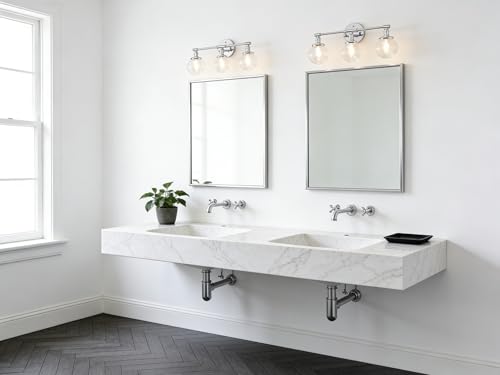 Image of Phansthy 3-Light Wall Sconces Antique Brass Vanity Light, Industrial Wall Lamps with On Off Switch and Clear Glass Lampshade, Vintage Wall Lighting for Bathroom Living Room (Chrome, Globe Shade)