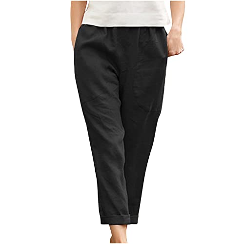 Image of LRMQS Cotton Linen Pants Women Casual Summer 2026 Trendy Loose Fit Beach Wide Straight Leg Trousers with Side Pockets