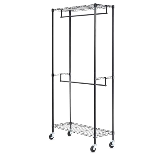 Amazon Basics WI-GAR1436B Adjustable, Double Hanging Rod Garment Rolling Closet Organizer Rack thumb #2