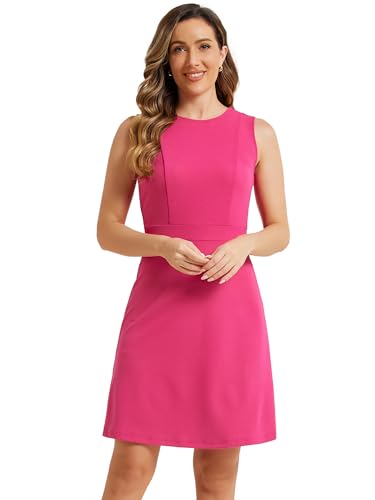 Allegra K Women's Work Dress Round Neck Solid Color Sleeveless A-Line Casual Office Dresses Medium Hot Pink