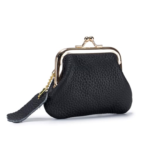 AprinCtempsD Petit Porte-Monnaie Femme en Cuir Véritable avec Fermoir à Clip Kiss Lock Portefeuille Mini pour Bijoux Écouteurs Clés (Noir)