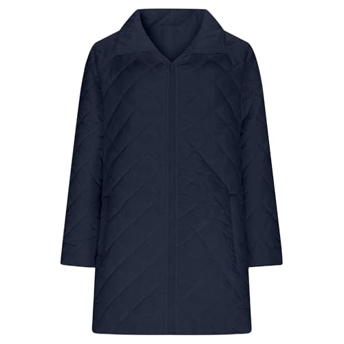 Aosufei Chaqueta acolchada de diamante con cremallera para mujer, chaqueta clásica con solapa, abrigo de plumón ligero de manga larga con cremallera, azul oscuro, S