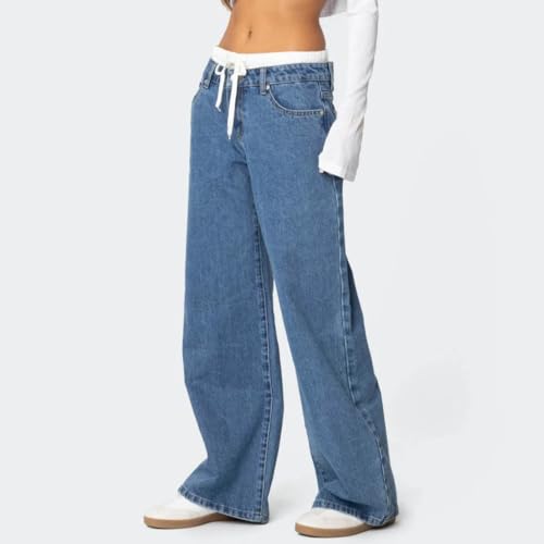 Mxiqqpltky High Waisted Jeans for Women Y2K Color Block Patchwork Drawstring Wide Leg Denim Pants Vintage Boyfriends Pants4