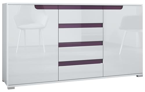 Vladon Buffet Dressoir Sylt, Corps en Blanc Mat/Façades en Blanc Haute Brillance avec Un Decor en mûre Haute Brillance (139 x 72 x 35)