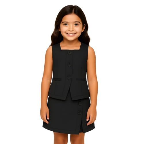 Image of RIYANSHI Girls' Two-Piece Outfit Set with Black Ribbed Tank Top and Cream Skirt