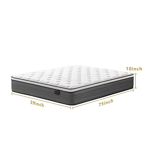 Twin Mattress, 10 Inch Twin Mattresses, 10 Inch Hybrid Pocketed Coil Mattress in a Box with Gel Memory Foam, Medium Firm, CertiPUR-US Certified