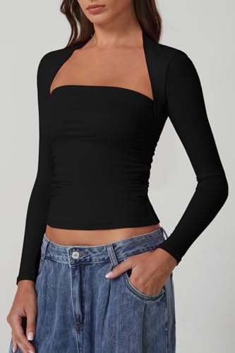 QINSEN Long Sleeve Square Neck Tops for Women Double Lined Side Ruching Going Out Shirts Basic Tee3