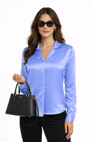 Image of Cuban Collar Cuffed Sleeves Formal Satin Shirt Style Top