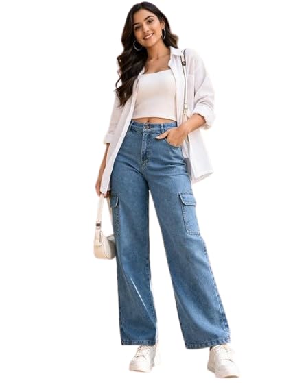 Women High Waist Wide Leg Cargo Jeans for Women | Trendy Baggy Denim Pants | Korean Style Loose Fit Jeans for Girls & Women-image-47