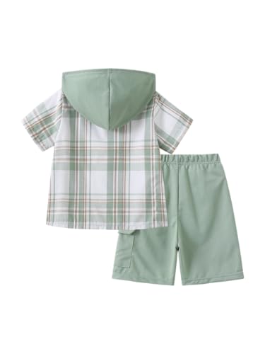 Image of Boys Clothes Shorts Sets Plaid Short Sleeve Hooded Button Shirt and Jogger Shorts for Kids Summer Outfits
