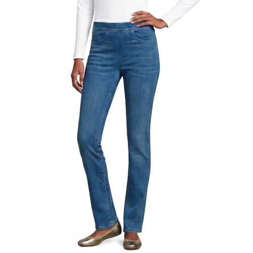 Lands' End Womens Starfish HR PO Knit Denim Straight Jeans Medium Sea Blue Petite Medium