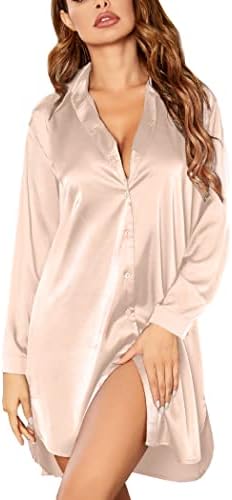 Ekouaer Womens Silk Satin Nightgown Button Down Sleepshirt Long Sleeve Sleepwear S-3XL