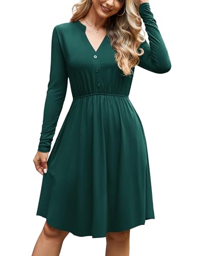 Florboom Damen Herbst Kerbe V-Ausschnitt Midikleid Langarm Kleider, Swing Lässig A-Linie Freizeitkleid (Grün, S)