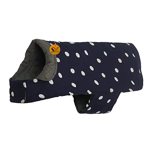 Image of Sage Square Dual-Sided Polka Dot Dog Jacket - Protective Cold-Weather Gear for Pets, Lightweight, Cushioned, Designed for Warmth & Comfort Indoors or Outside (Small - 10 Inches, Navy Blue & Grey)