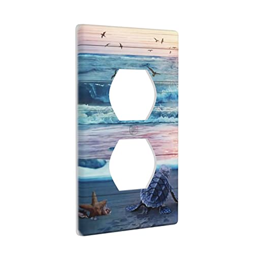 Sea Beach Wave Turtle 1 Gang Electrical Duplex Outlet Covers Decorative Single Receptacle Plug Wall Plate Faceplate Life Art Painting Teal Blue Ocean Theme For Bedroom Office Decoration Artwork #TOP1