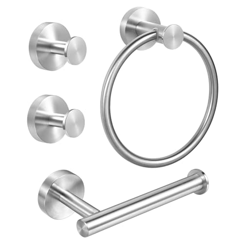 4 Piece Brushed Nickel Bathroom Hardware Set with Towel Ring and Towel Hooks, SUS304 Stainless Steel Toilet Paper Holder and Towel Holder Set, Bathroom Accessories Set Wall Mounted