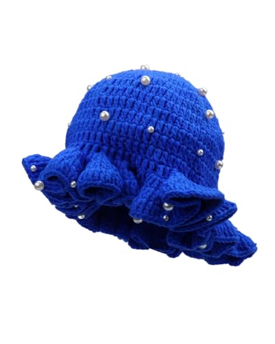 Image of Women Crochet Bucket Hat Cute Winter Ruffled Brim Floppy Cap Handmade Knit Cloche Hats
