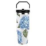 FekiLoot Blue Hydrangea Pattern 32 Oz Tumbler with Handle And Straw Leakproof Double Tumblers Stainless Steel Travel Mug Vacuum Insulated Water Bottle Car Cup for Women Men Gift
