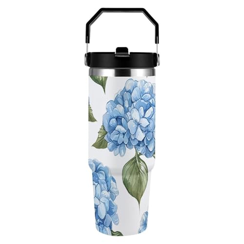 FekiLoot Blue Hydrangea Pattern 32 Oz Tumbler with Handle And Straw Leakproof Double Tumblers Stainless Steel Travel Mug Vacuum Insulated Water Bottle Car Cup for Women Men Gift