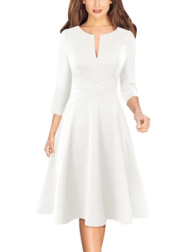 Image of VFSHOW Womens Work Business Front Zipper A-Line Dresses 3 /4 Sleeve Office Church Fit and Flare Skater Swing Knee Length Dress