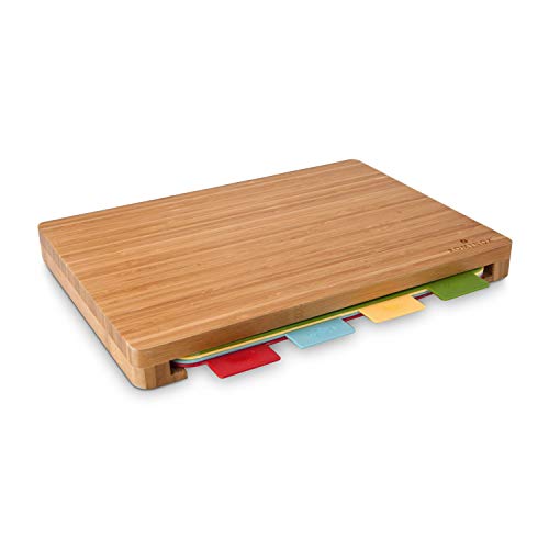 ROMINOX Juego de 5 tablas de cortar de color en el cuerpo de bambú, 4 tablas de plástico de colores en el cuerpo de bambú, para separación higiénica, dimensiones: 35 x 26,5 x 4 cm aprox