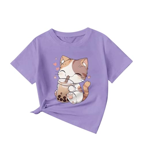 Image of KEEVICI Cute Cat Shirts for Girls Graphic Tees Bubble Tea Tshirt Kids Kawaii Cartoon Animal Print T Shirt Summer Cotton Tops