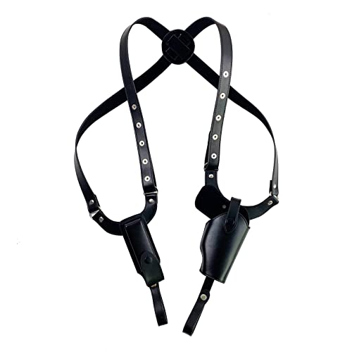 Shoulder Gun Holster, Vertical Shoulder Holster Leather Cross Harness Holster with Magazine Pouch Adjustable Concealed Carry Holster for Right Hand
