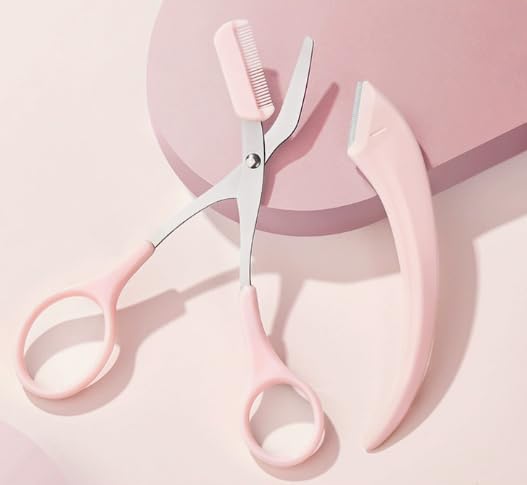 Pink Eyebrow Trimming Scissors with Built-in Comb, Stainless Steel Precision Grooming Tool
