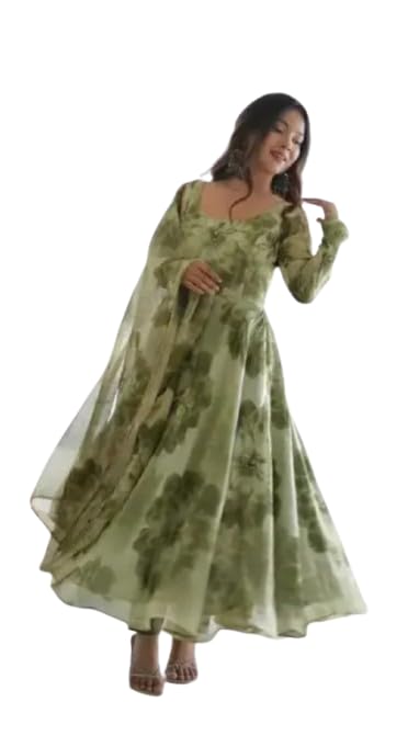 Women’s Floral Printed Gown with Dupatta | Full Sleeve Ethnic Anarkali Style Outfit | Stylish for Women-image-9