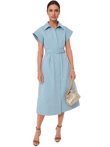 Image of Jenkoon Women's Turn Down Collar Shirt Dress with Belt Short Sleeve Shell Trench Coat Formal Dresses