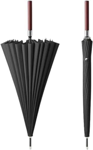 YAKINO 長傘 ワンタッチ ジャンプ傘 紳士傘 木製ハンドル 雨傘 日傘 24本骨 自動開閉 大型 台風対応 梅雨対策 超撥水 メンズ レディース 大きい 頑丈 超はっ水 台風・豪雨対応 晴雨兼用 UVカット グラスファイバー 収納ポーチ付き (ブラッ