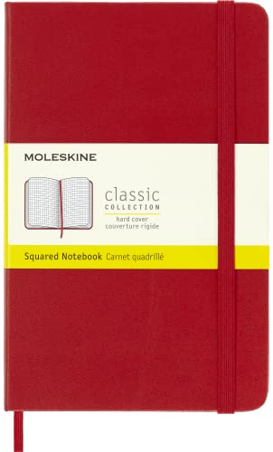 Moleskine - Cuaderno Clásico Con Hojas Cuadriculadas, Tapa Dura Y Cierre Elástico, Color Rojo Escarlata, Tamaño Medio 11.5 X 18 Cm, 208 Hojas