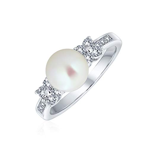 Bling Jewelry Criss Cross Twist Wedding Pave Band White Cultured 8-10MM Pearl Solitaire Engagement Promise Ring For Women CZ Side Stones Silver Plated