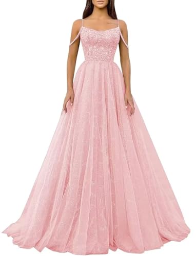 Zepumen Cold Shoulder Sequin Prom Dresses Sparkly Tulle Long Ball Gowns Formal Evening Party Gown