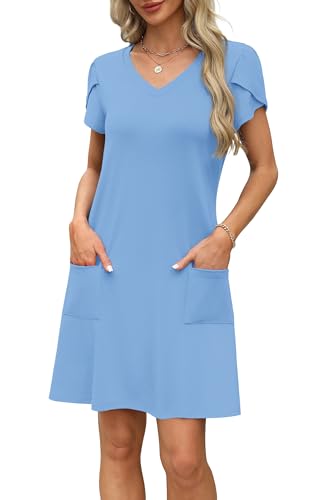 Image of OFEEFAN Womens Summer Dresses 2026 Tulip Petal Short Sleeve V Neck Loose Swing Sundresses with Pockets Plain /Print