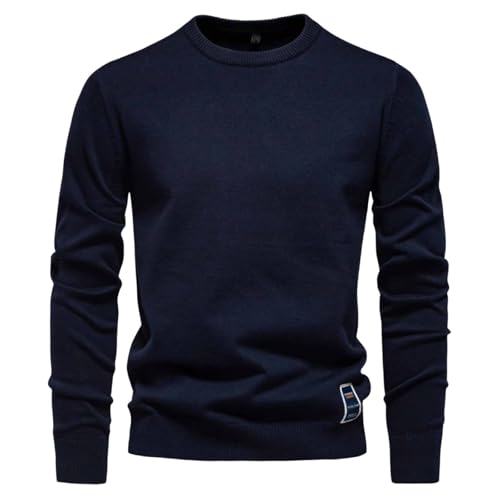 Men's Autumn and Winter Sweater Cotton Round Neck Knitted Long Sleeve Pullover Basic Solid Color Slim Fit Top,Navy Blue,XXL