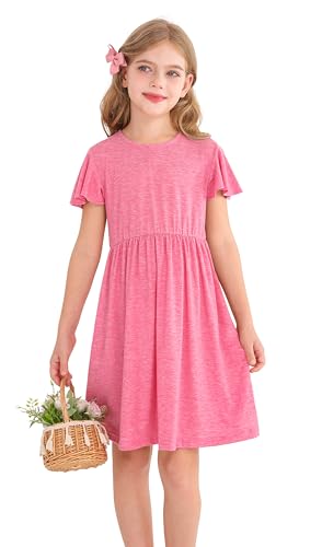 Girl's Summer Ruffle Short Sleeve Dresses Crew Neck Casual Sundresses with Pocket for Kid 6-14 Years2