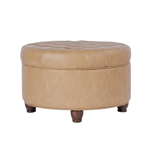 Image of HomePop 25 inch Button Tufted Round Storage Ottoman - Sand Faux Leather